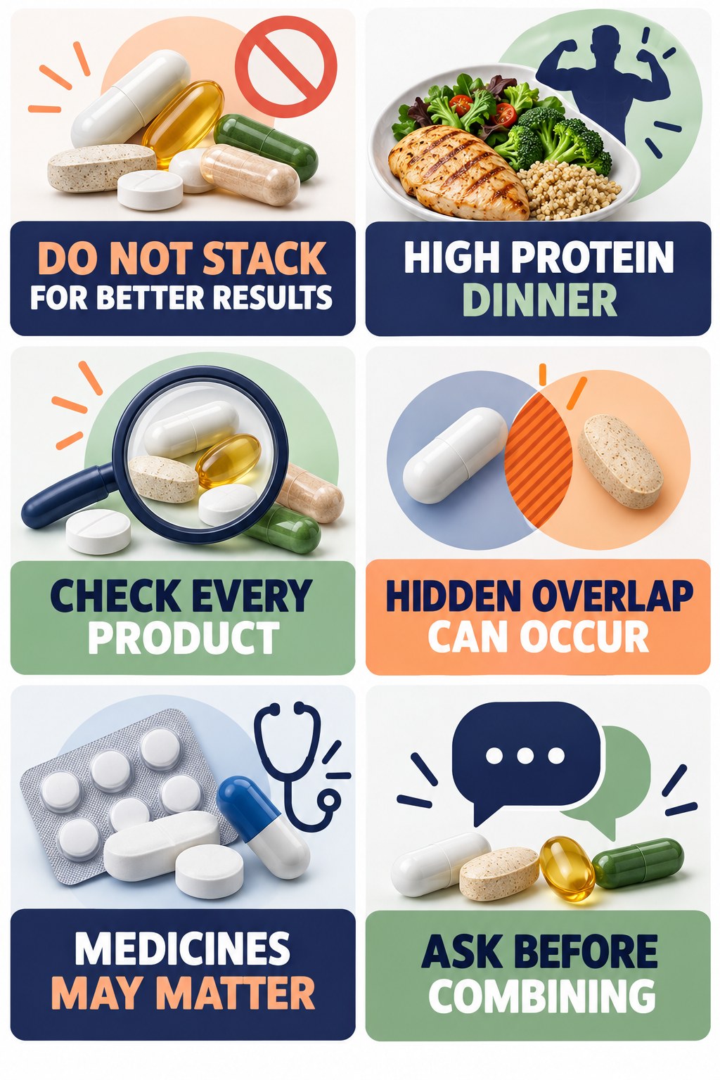 Do Not Stack Sexual-Wellness Products supplement-interaction safety infographic for High Protein Dinner with four concise review points.