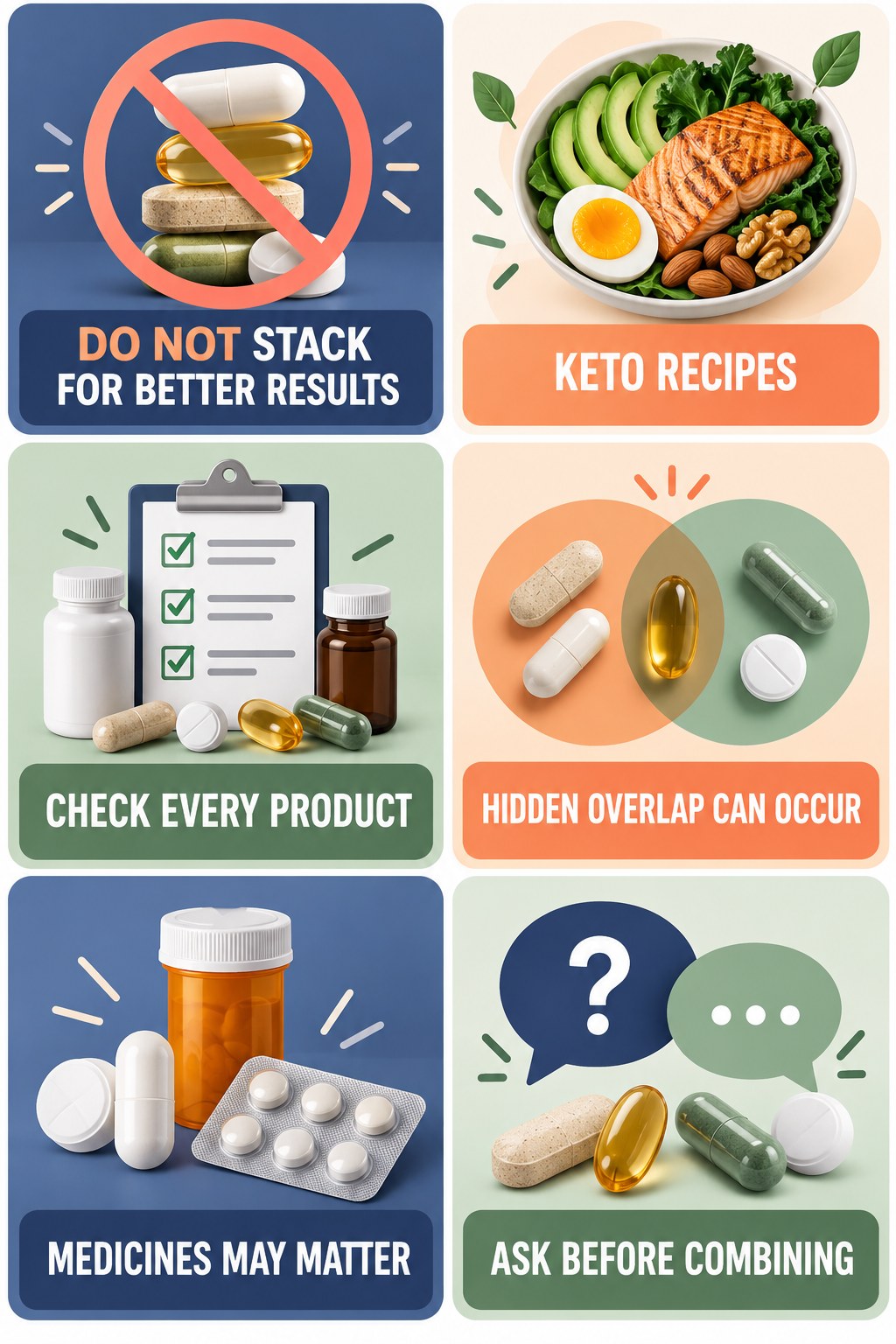 Do Not Stack Sexual-Wellness Products supplement-interaction safety infographic for Keto Recipes with four concise review points.