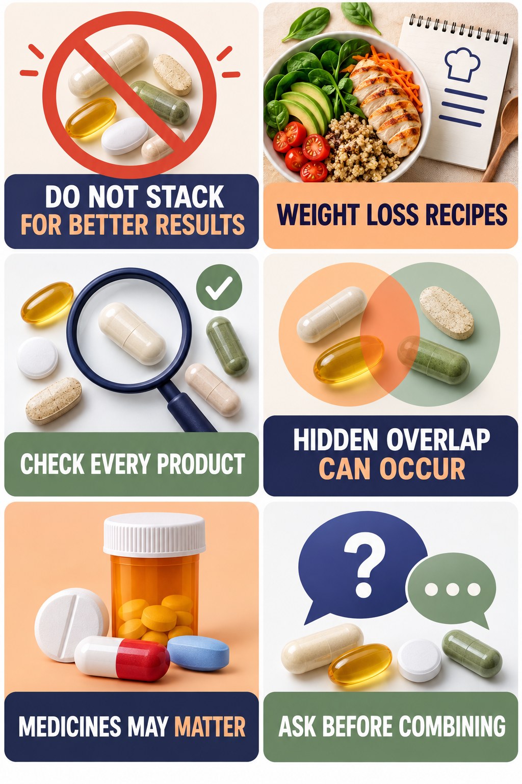Do Not Stack Sexual-Wellness Products supplement-interaction safety infographic for Weight Loss Recipes with four concise review points.