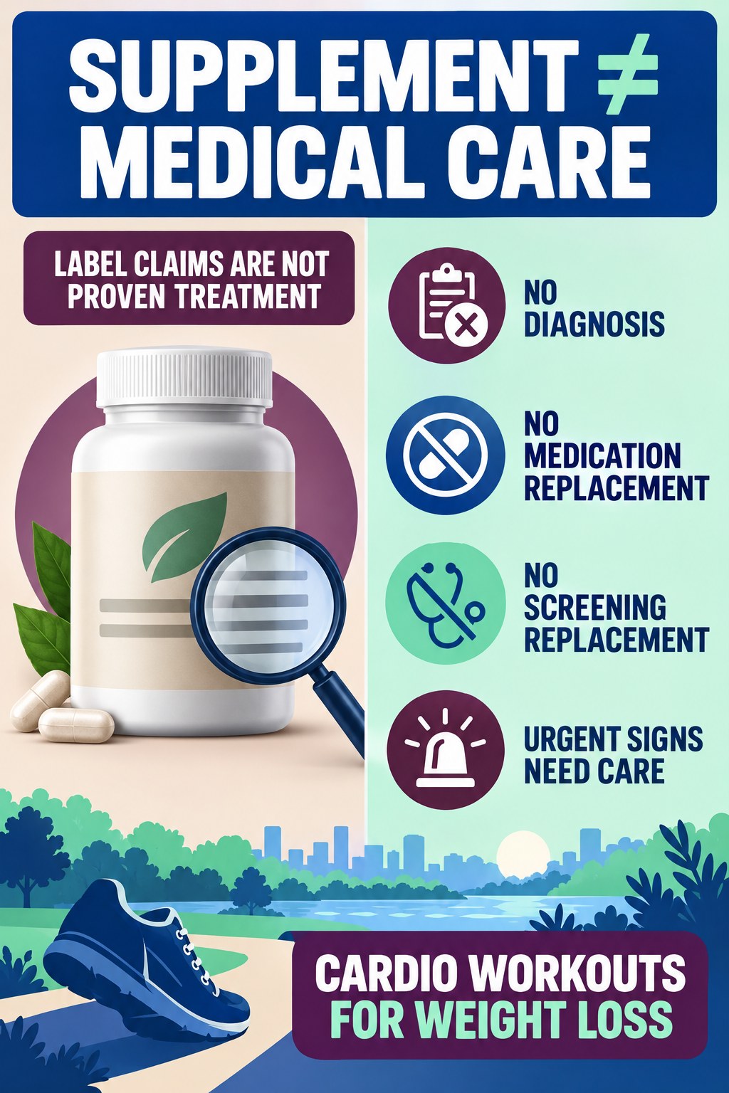 Do Not Substitute a Supplement for Medical Evaluation prostate supplement label-literacy infographic for Cardio Workouts for Weight Loss with four careful reading points.