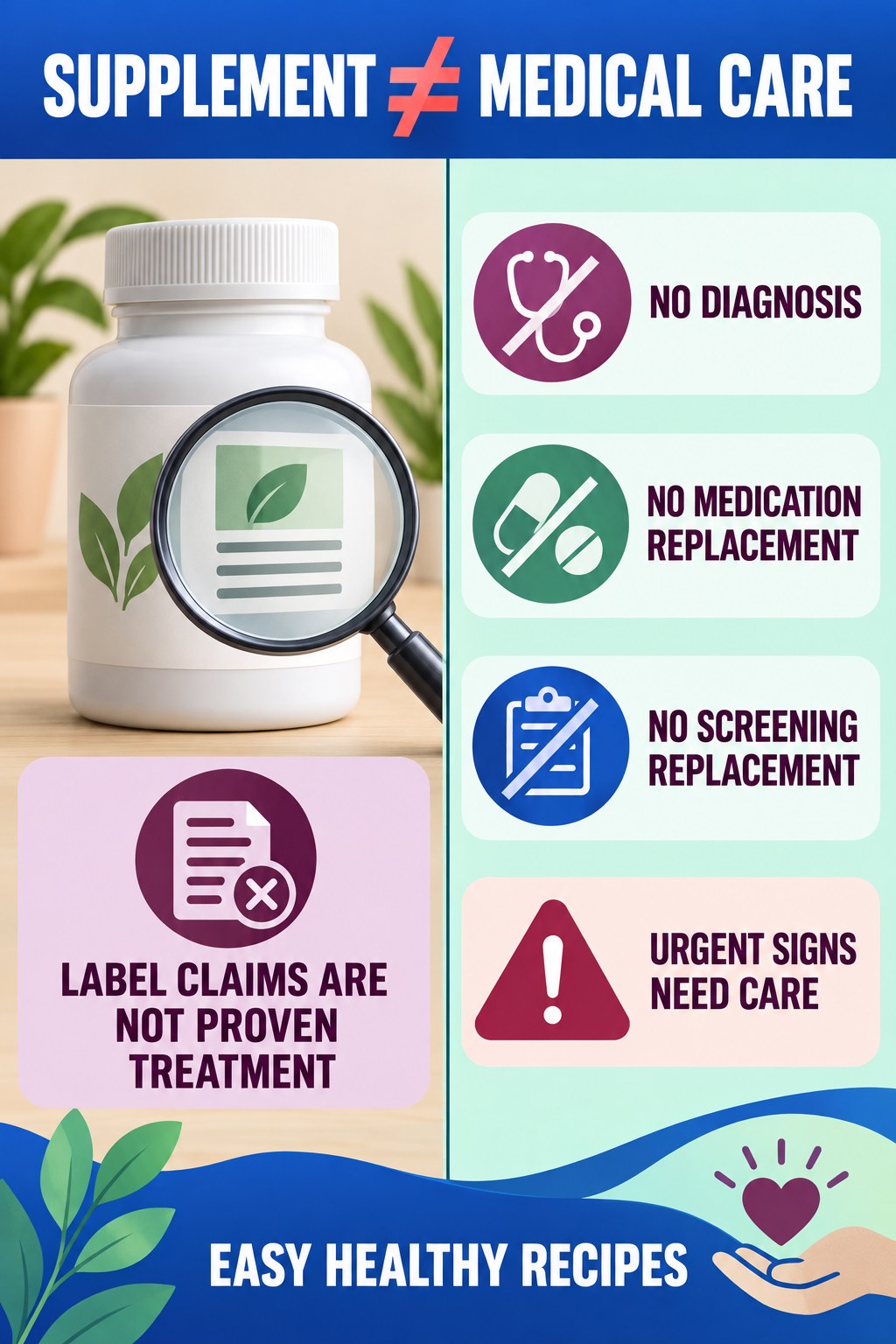 Do Not Substitute a Supplement for Medical Evaluation prostate supplement label-literacy infographic for Easy Healthy Recipes with four careful reading points.