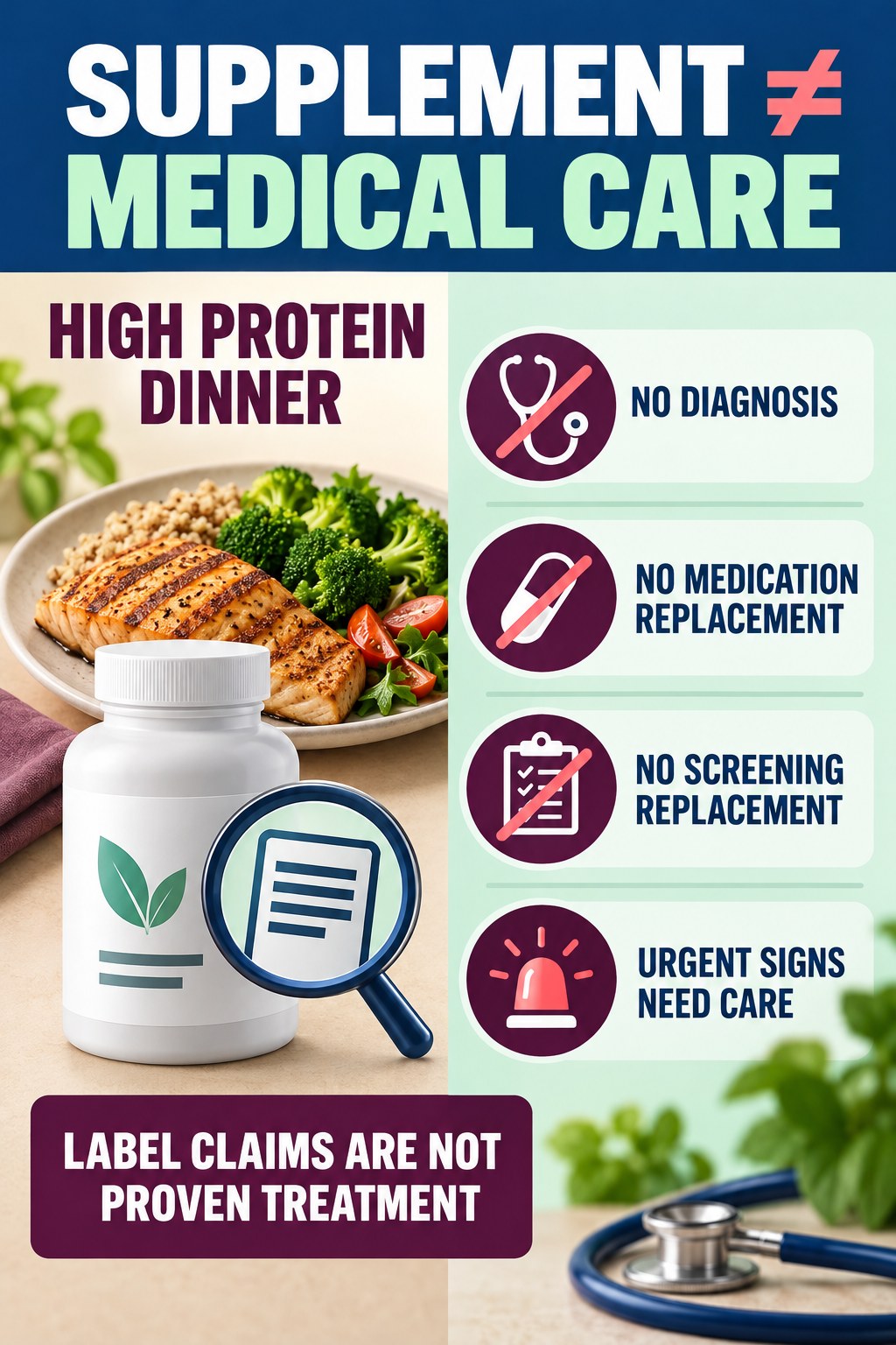 Do Not Substitute a Supplement for Medical Evaluation prostate supplement label-literacy infographic for High Protein Dinner with four careful reading points.