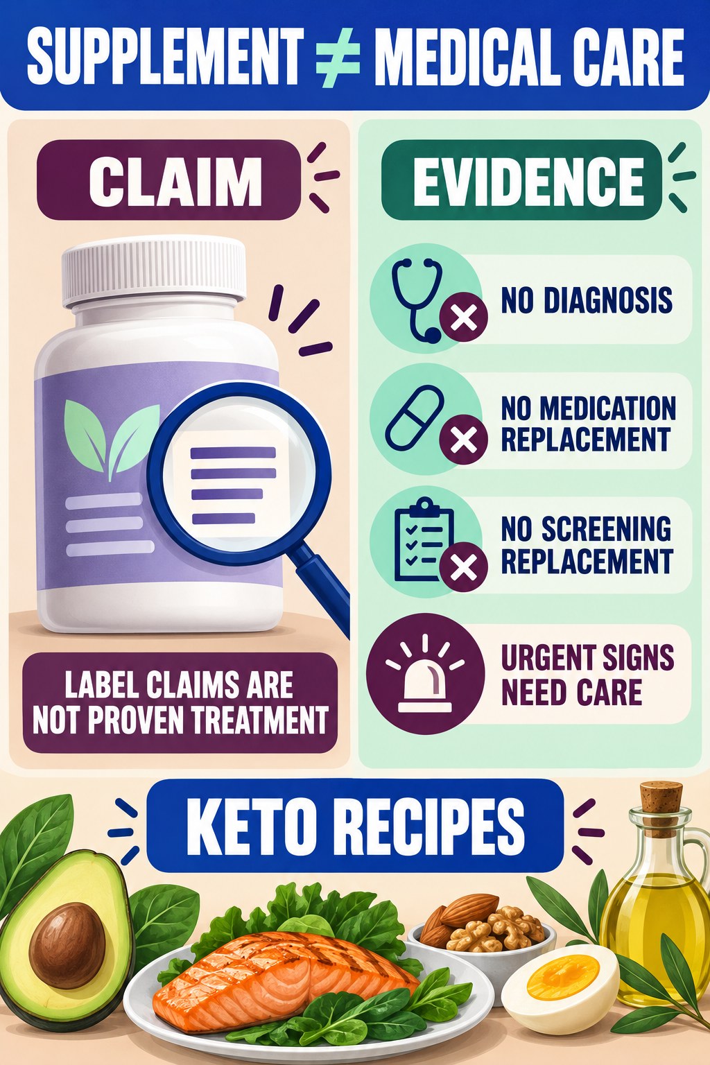 Do Not Substitute a Supplement for Medical Evaluation prostate supplement label-literacy infographic for Keto Recipes with four careful reading points.