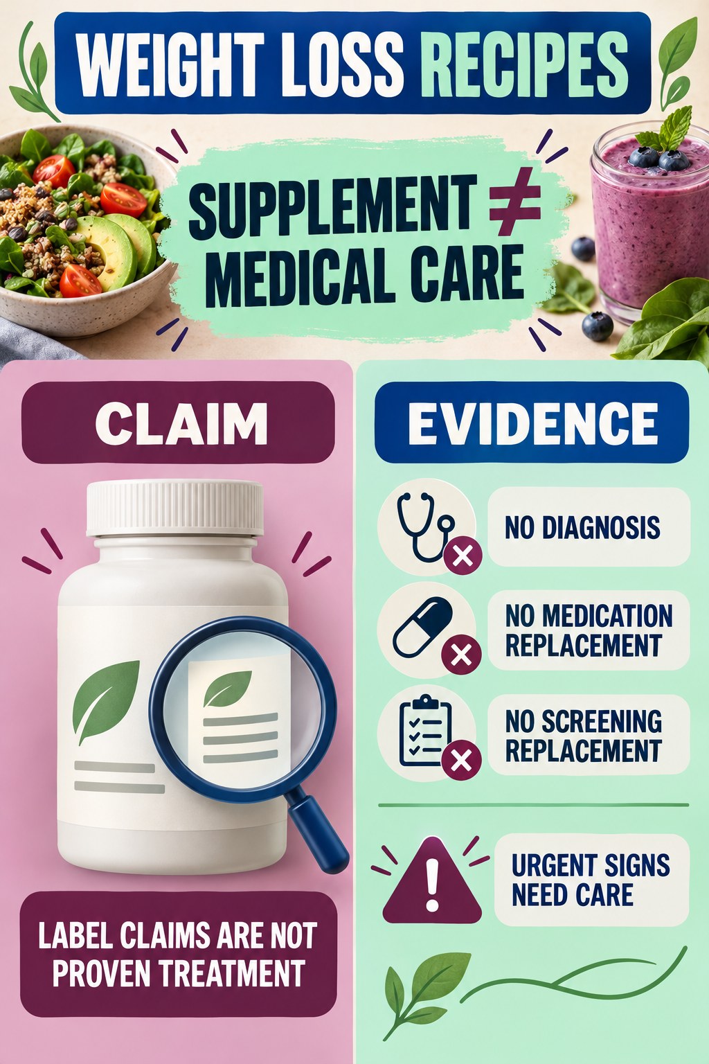 Do Not Substitute a Supplement for Medical Evaluation prostate supplement label-literacy infographic for Weight Loss Recipes with four careful reading points.
