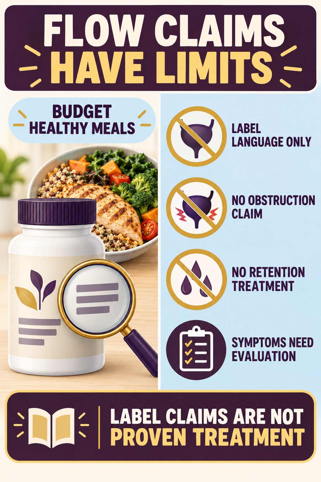 Do Not Turn Urinary-Flow Marketing Into Obstruction Treatment prostate supplement label-literacy infographic for Budget Healthy Meals with four careful reading points.