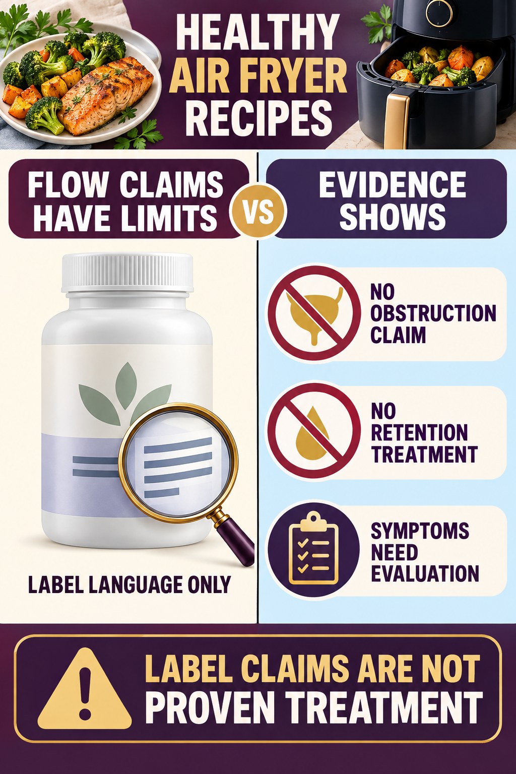 Do Not Turn Urinary-Flow Marketing Into Obstruction Treatment prostate supplement label-literacy infographic for Healthy Air Fryer Recipes with four careful reading points.