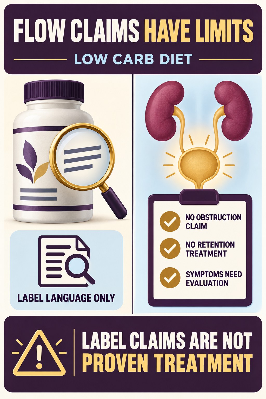 Do Not Turn Urinary-Flow Marketing Into Obstruction Treatment prostate supplement label-literacy infographic for Low Carb Diet with four careful reading points.