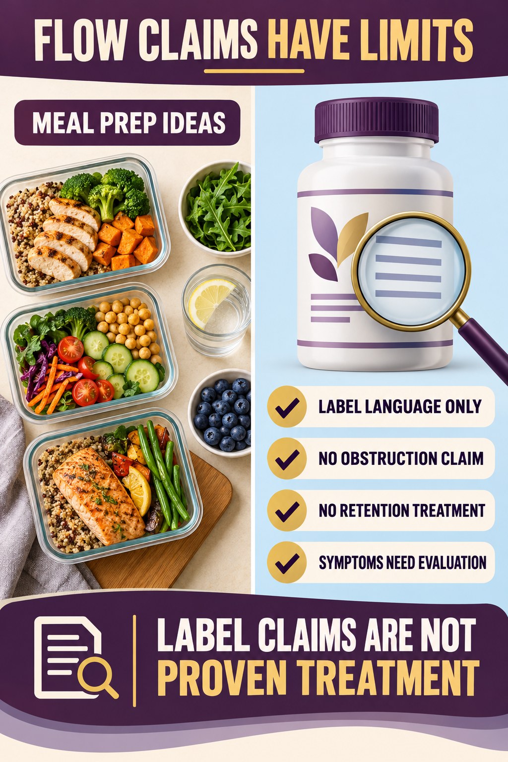 Do Not Turn Urinary-Flow Marketing Into Obstruction Treatment prostate supplement label-literacy infographic for Meal Prep Ideas with four careful reading points.