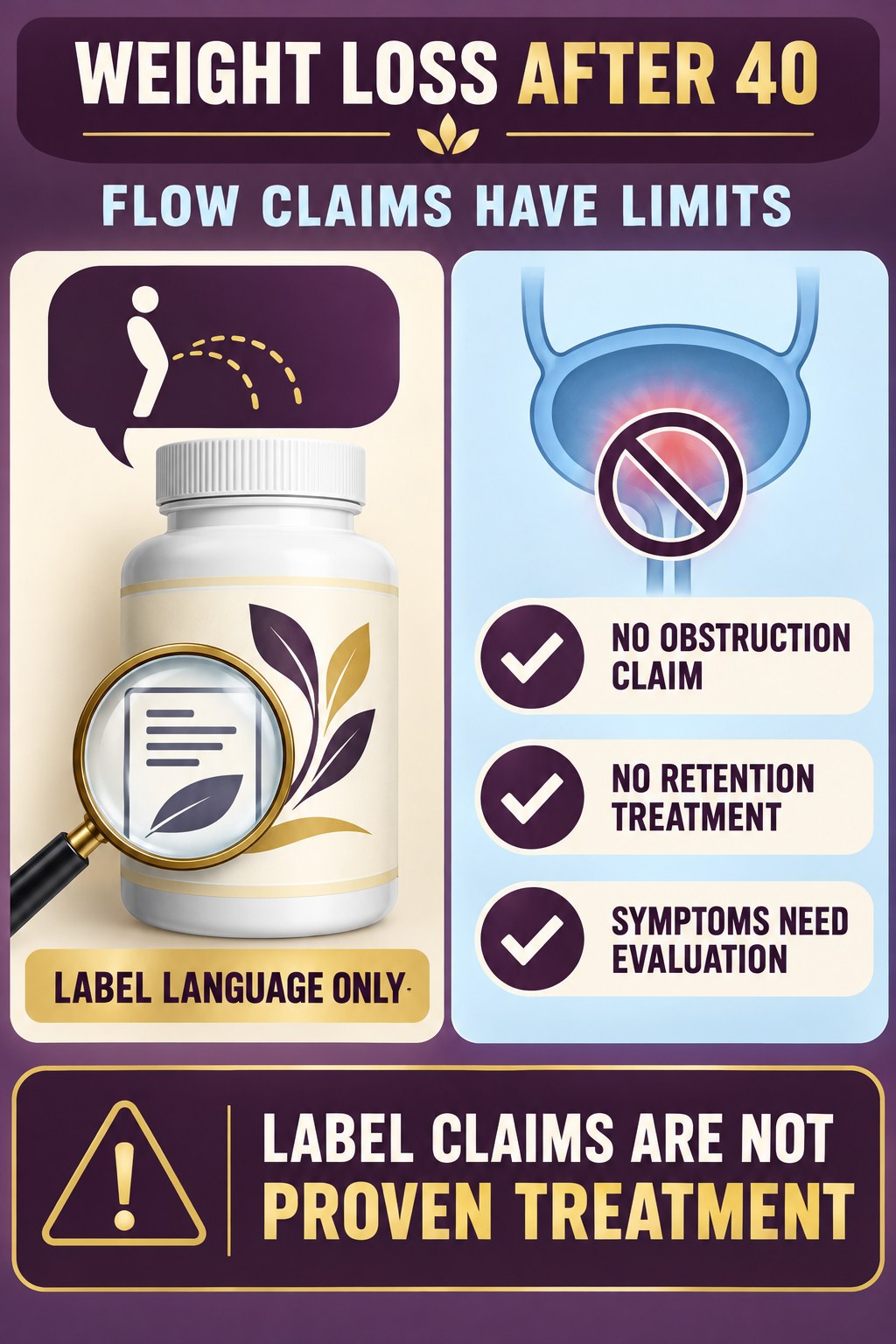Do Not Turn Urinary-Flow Marketing Into Obstruction Treatment prostate supplement label-literacy infographic for Weight Loss After 40 with four careful reading points.
