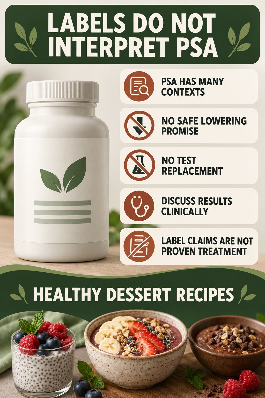 Do Not Use a Supplement Label to Interpret PSA prostate supplement label-literacy infographic for Healthy Dessert Recipes with four careful reading points.