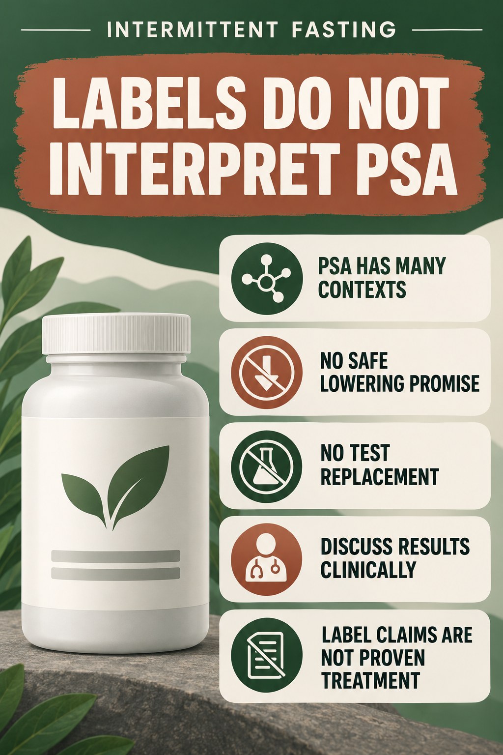Do Not Use a Supplement Label to Interpret PSA prostate supplement label-literacy infographic for Intermittent Fasting with four careful reading points.