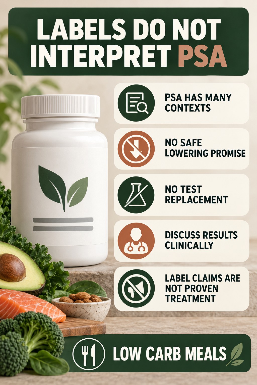 Do Not Use a Supplement Label to Interpret PSA prostate supplement label-literacy infographic for Low Carb Meals with four careful reading points.