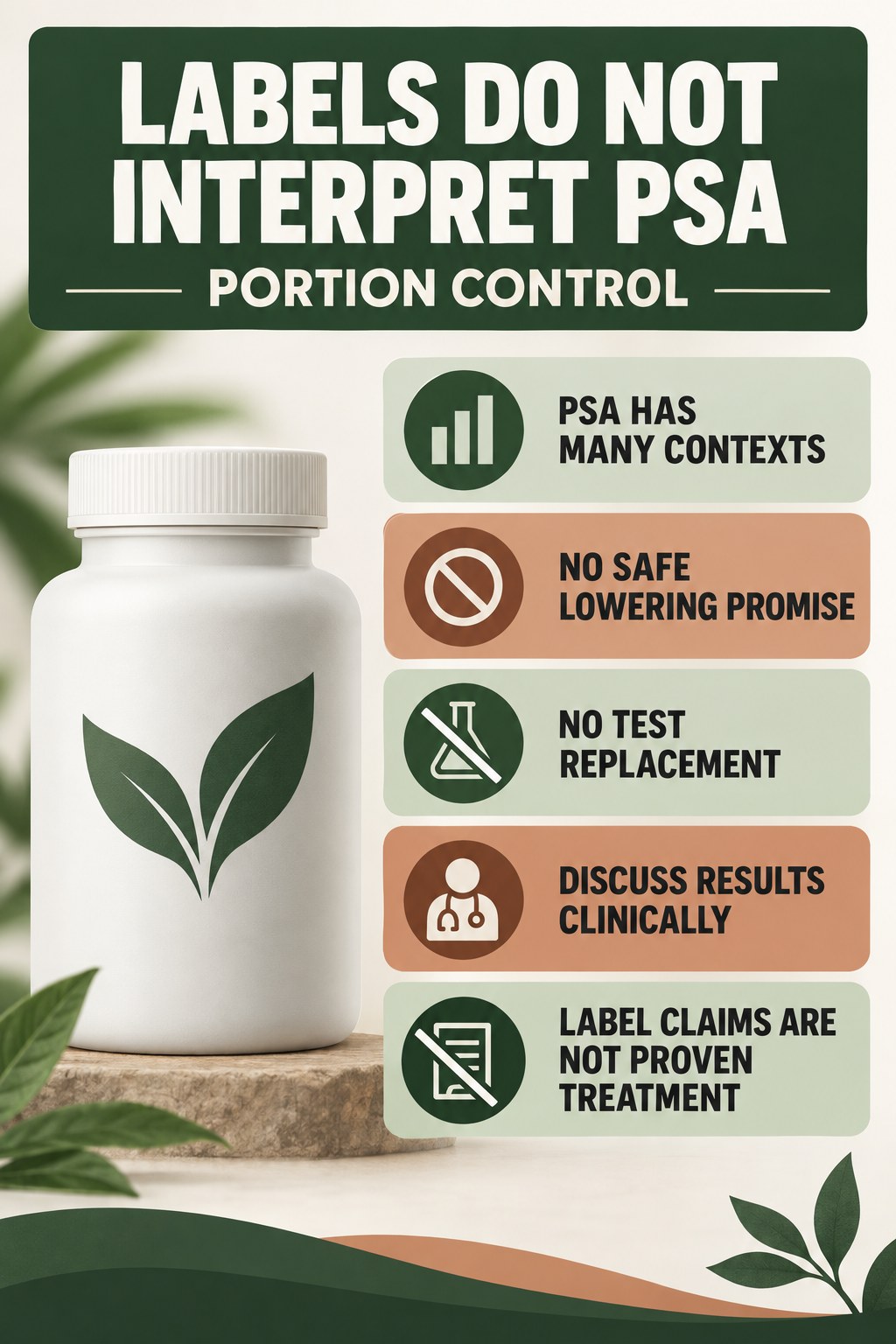 Do Not Use a Supplement Label to Interpret PSA prostate supplement label-literacy infographic for Portion Control with four careful reading points.