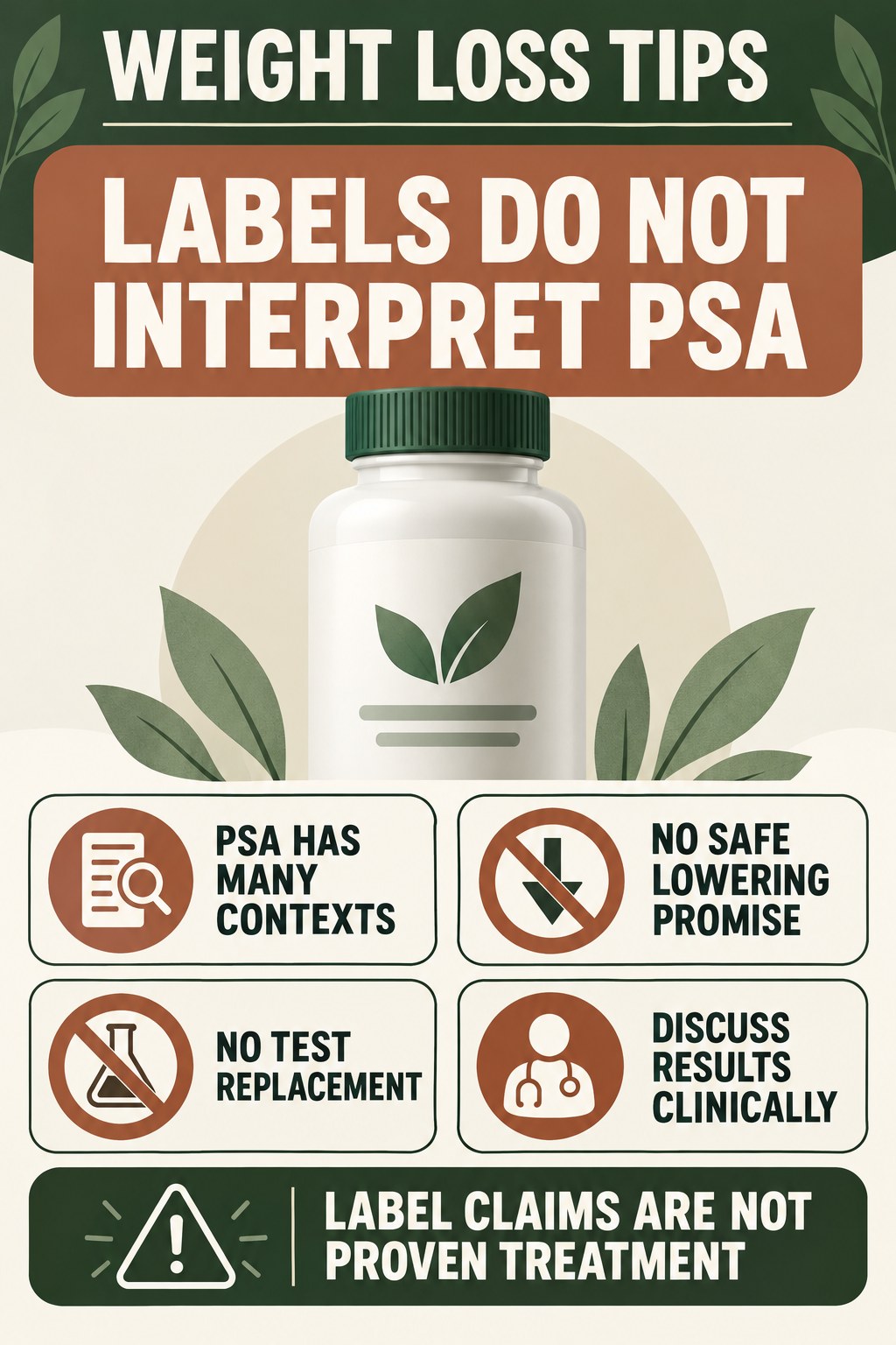 Do Not Use a Supplement Label to Interpret PSA prostate supplement label-literacy infographic for Weight Loss Tips with four careful reading points.
