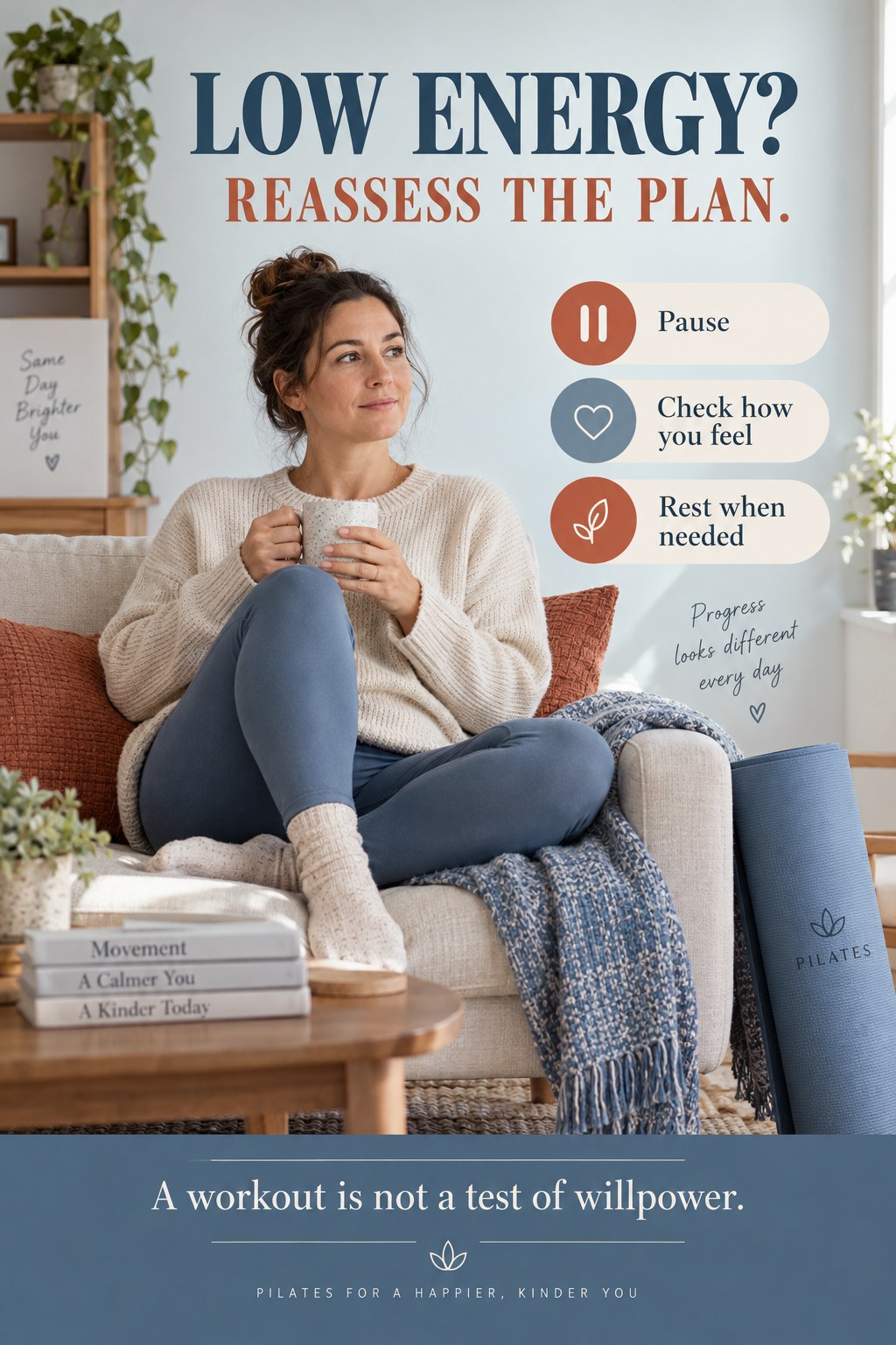 Adult rests beside a rolled Pilates mat with a calm checklist to pause, reassess, and choose rest when needed.