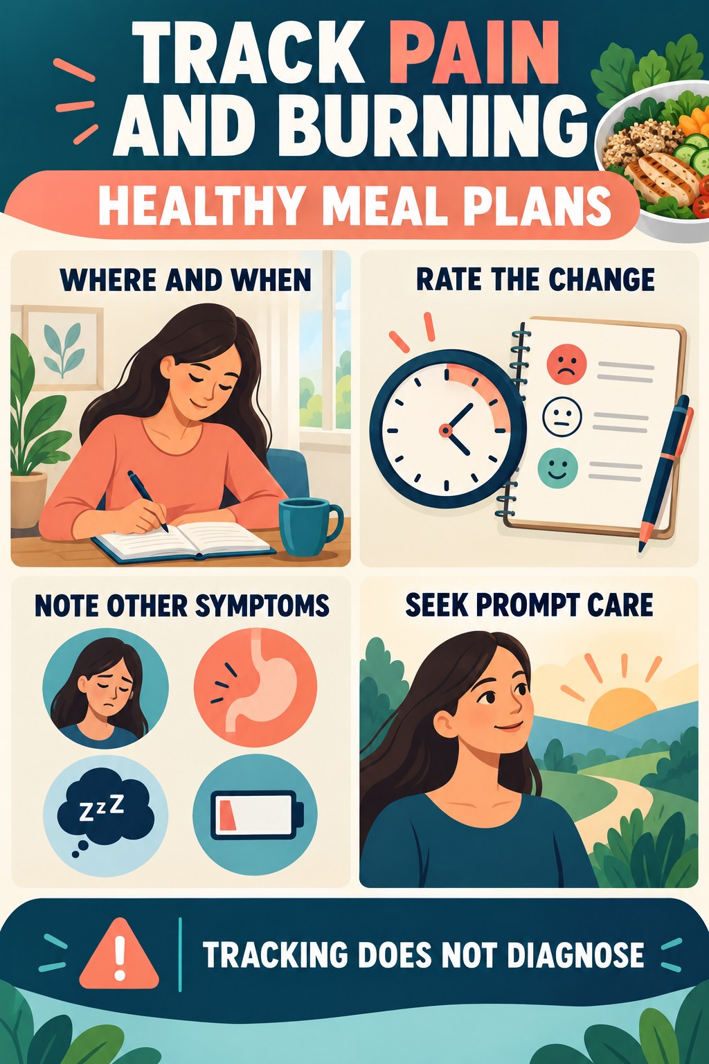 Document Pain and Burning Clearly urinary symptom tracking infographic for Healthy Meal Plans with four practical diary points and a non-diagnostic reminder.