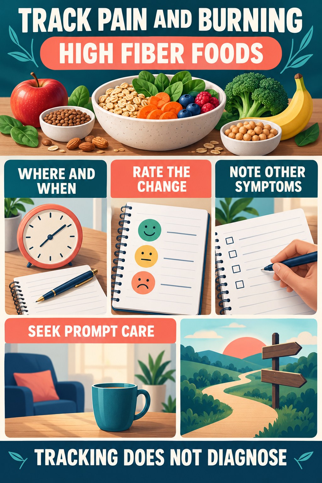 Document Pain and Burning Clearly urinary symptom tracking infographic for High Fiber Foods with four practical diary points and a non-diagnostic reminder.