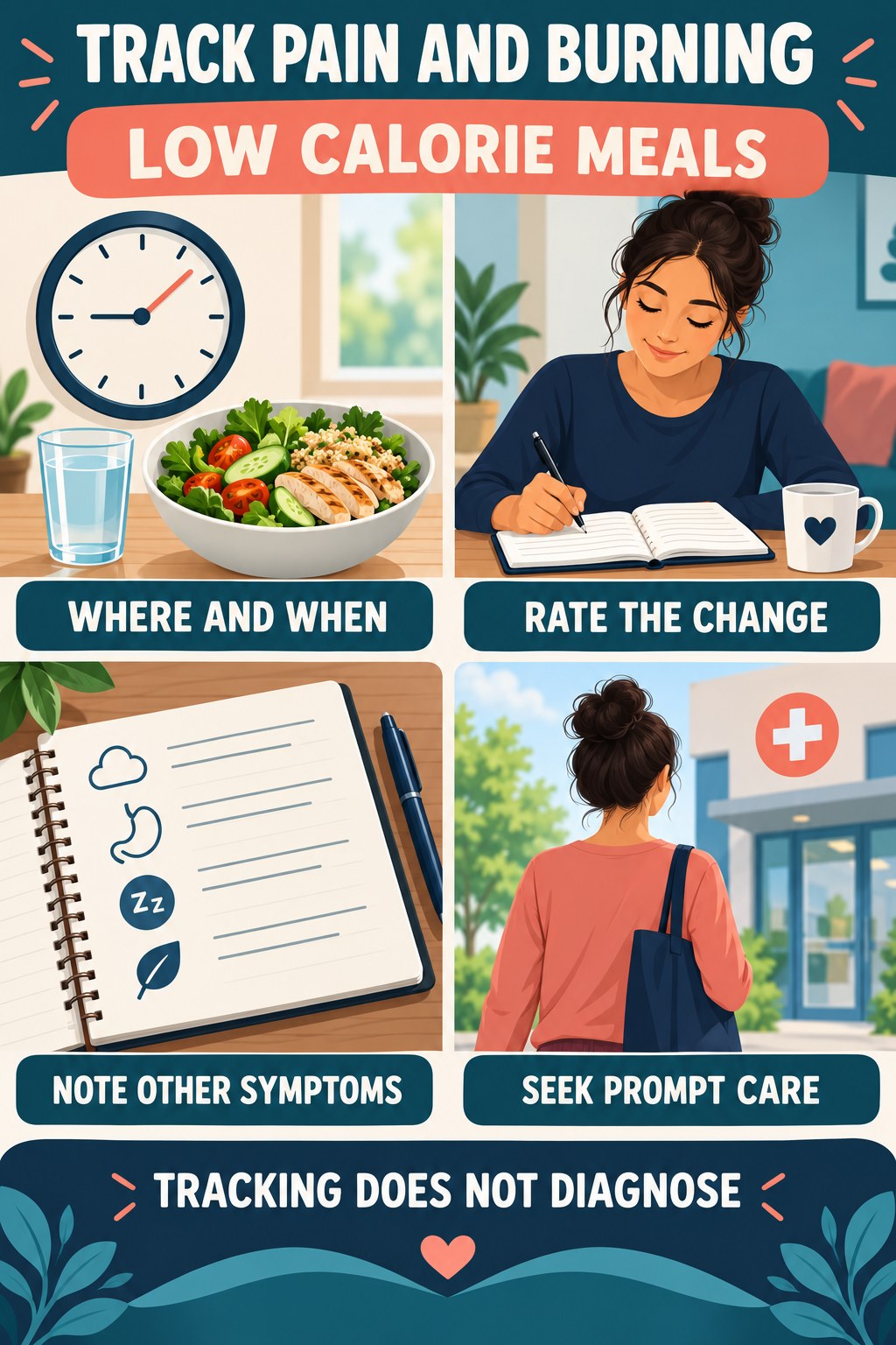 Document Pain and Burning Clearly urinary symptom tracking infographic for Low Calorie Meals with four practical diary points and a non-diagnostic reminder.