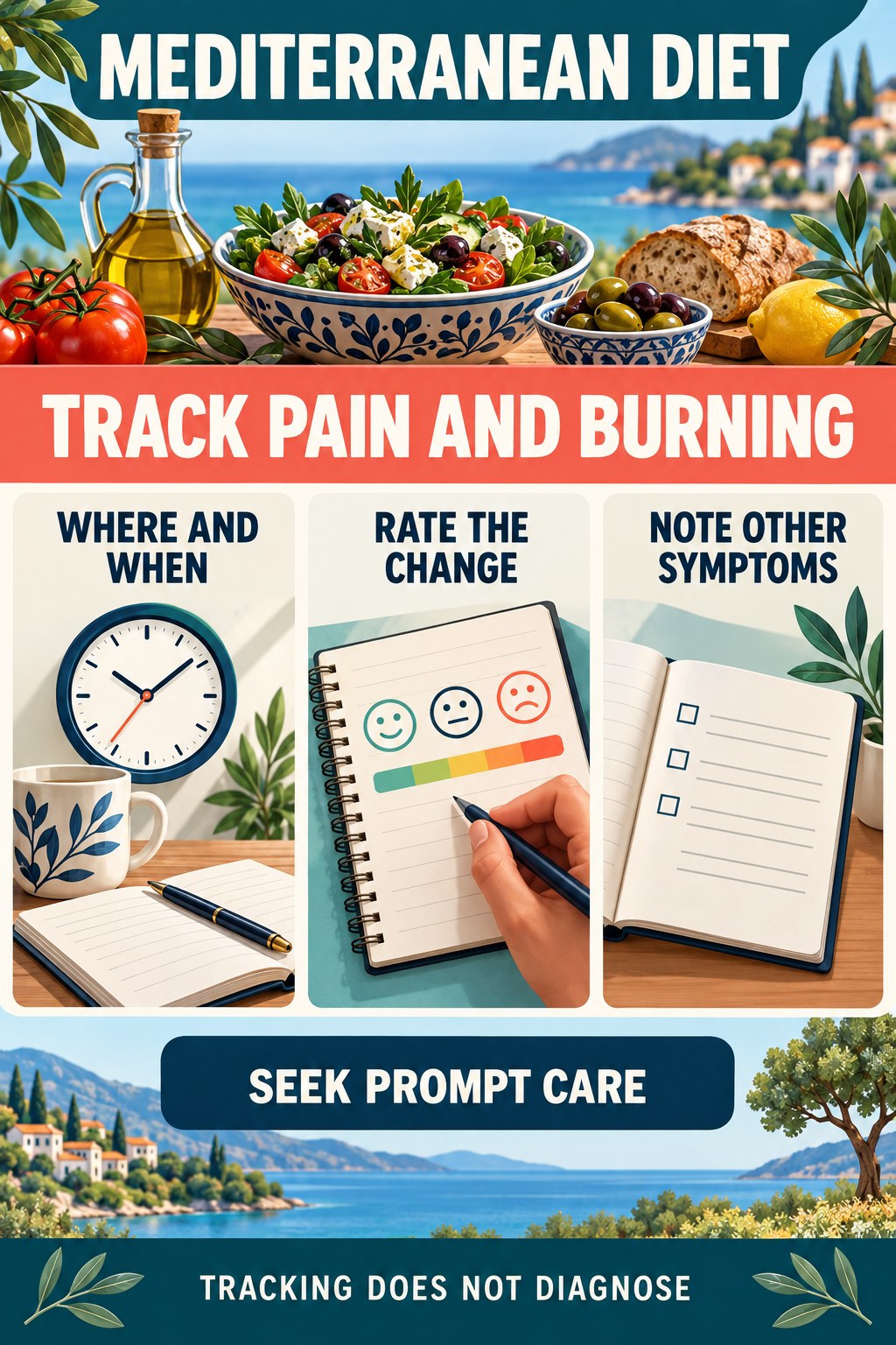 Document Pain and Burning Clearly urinary symptom tracking infographic for Mediterranean Diet with four practical diary points and a non-diagnostic reminder.