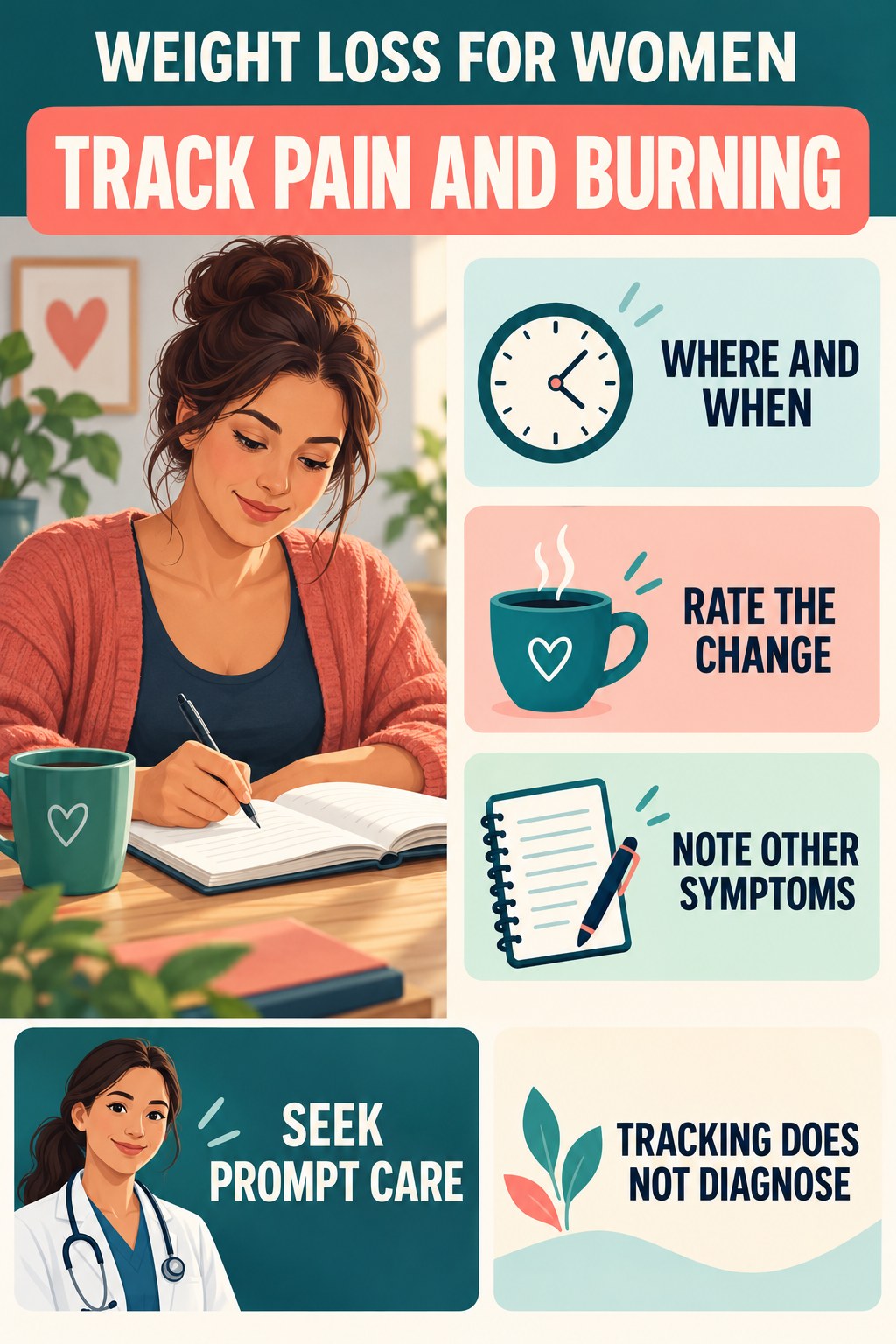 Document Pain and Burning Clearly urinary symptom tracking infographic for Weight Loss for Women with four practical diary points and a non-diagnostic reminder.