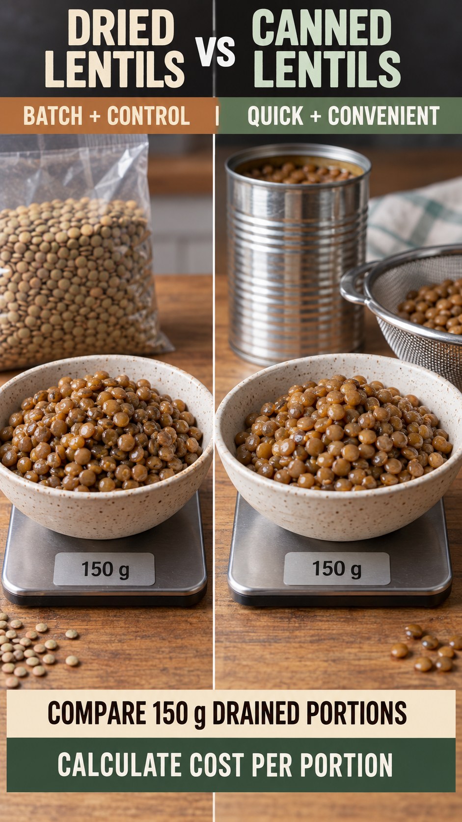 Cooked dried lentils and drained canned lentils in equal 150 g portions for a budget meal comparison.