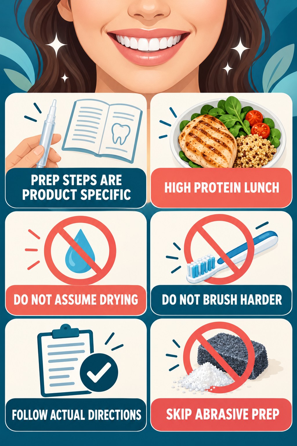 Drying and Brushing Questions for Whitening Pens infographic for High Protein Lunch with four concise whitening-gel-pen safety points.
