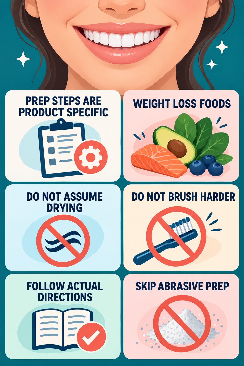 Drying and Brushing Questions for Whitening Pens infographic for Weight Loss Foods with four concise whitening-gel-pen safety points.