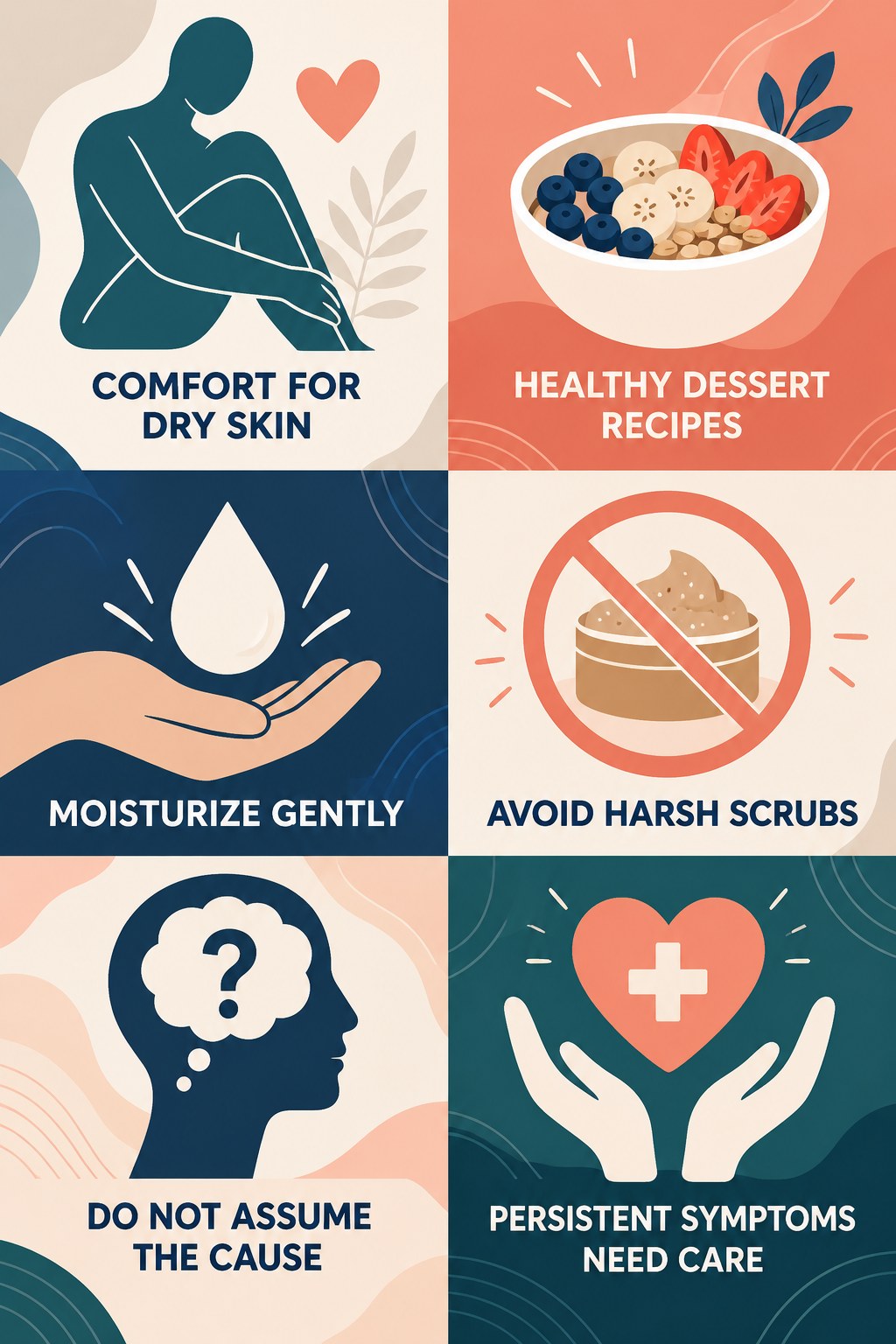 Dryness and Itch Comfort Care infographic for Healthy Dessert Recipes with four concise, body-neutral stretch-mark skincare points.