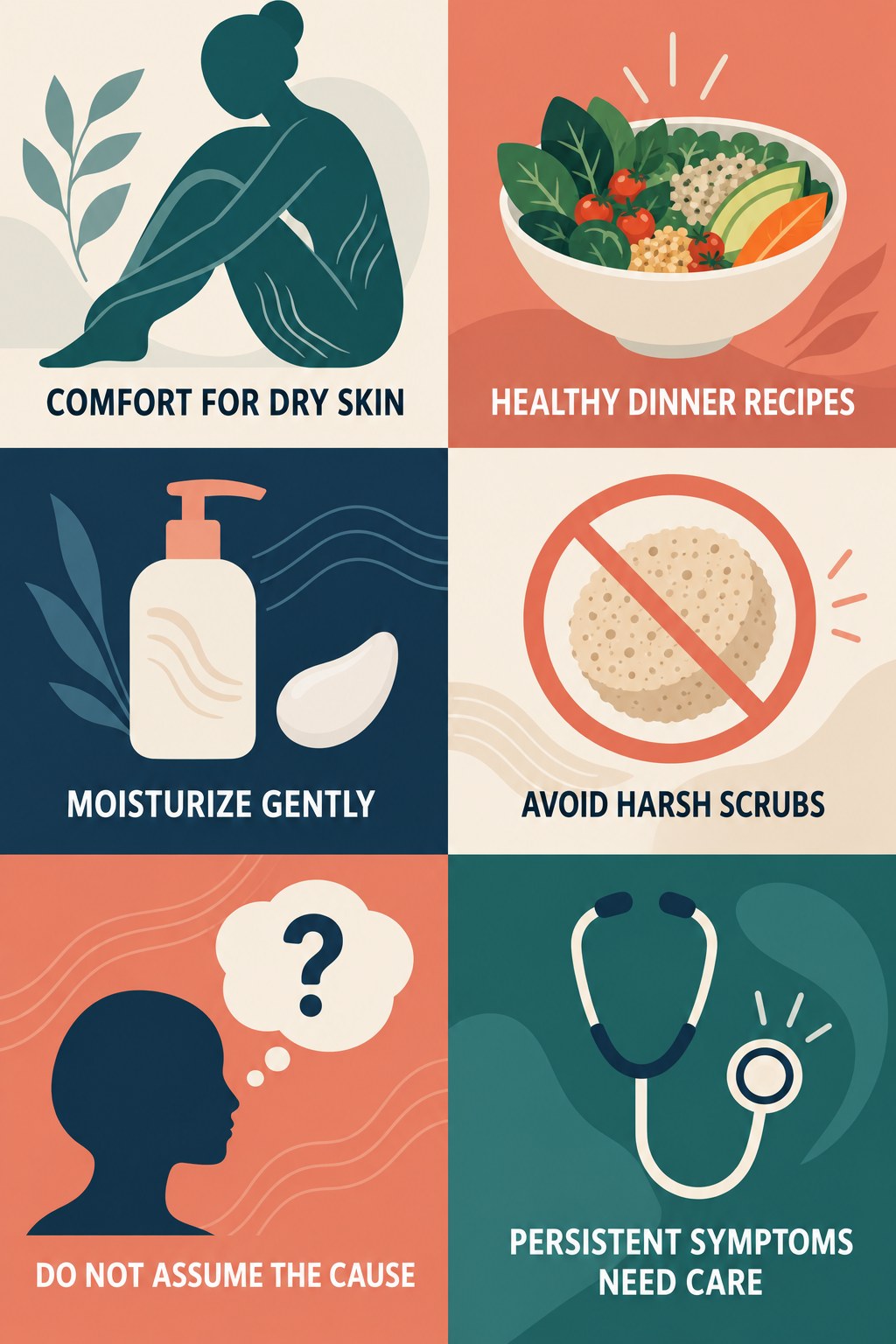 Dryness and Itch Comfort Care infographic for Healthy Dinner Recipes with four concise, body-neutral stretch-mark skincare points.