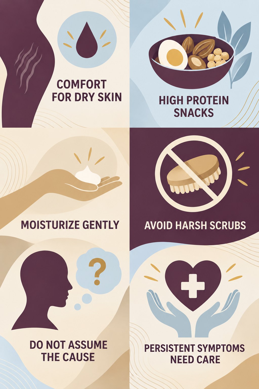 Dryness and Itch Comfort Care infographic for High Protein Snacks with four concise, body-neutral stretch-mark skincare points.