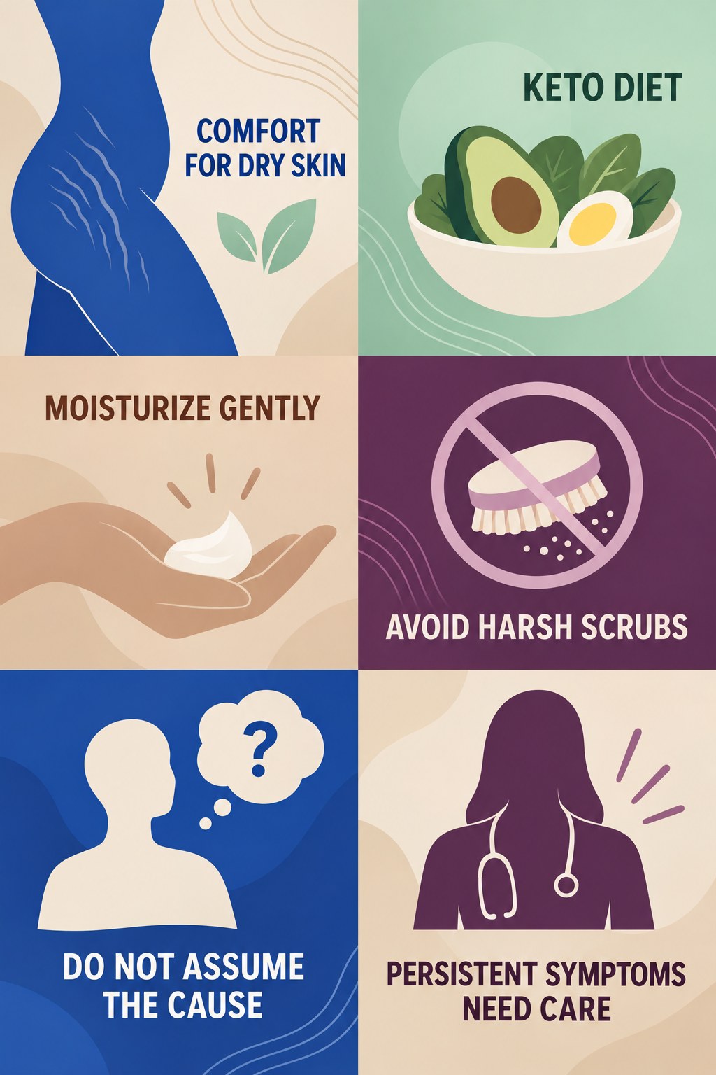 Dryness and Itch Comfort Care infographic for Keto Diet with four concise, body-neutral stretch-mark skincare points.