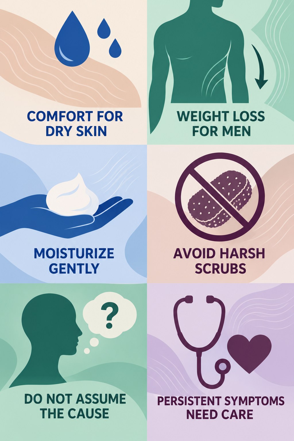 Dryness and Itch Comfort Care infographic for Weight Loss for Men with four concise, body-neutral stretch-mark skincare points.