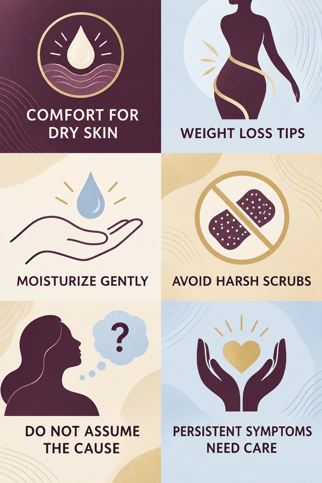 Dryness and Itch Comfort Care infographic for Weight Loss Tips with four concise, body-neutral stretch-mark skincare points.