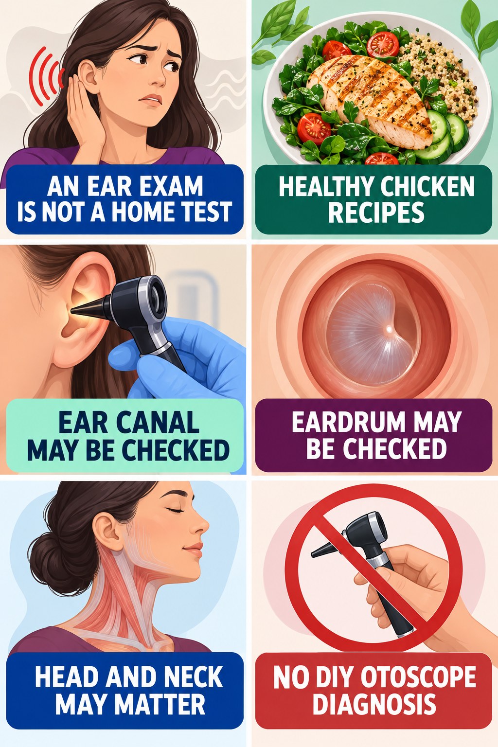 Ear Examination for Tinnitus infographic for Healthy Chicken Recipes with four concise evaluation-guidance points.