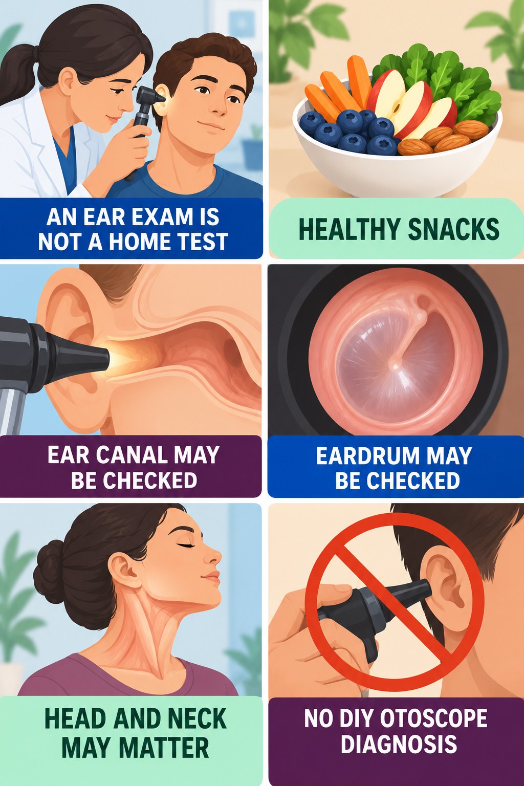 Ear Examination for Tinnitus infographic for Healthy Snacks with four concise evaluation-guidance points.