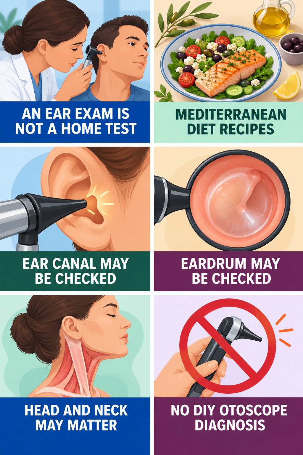 Ear Examination for Tinnitus infographic for Mediterranean Diet Recipes with four concise evaluation-guidance points.