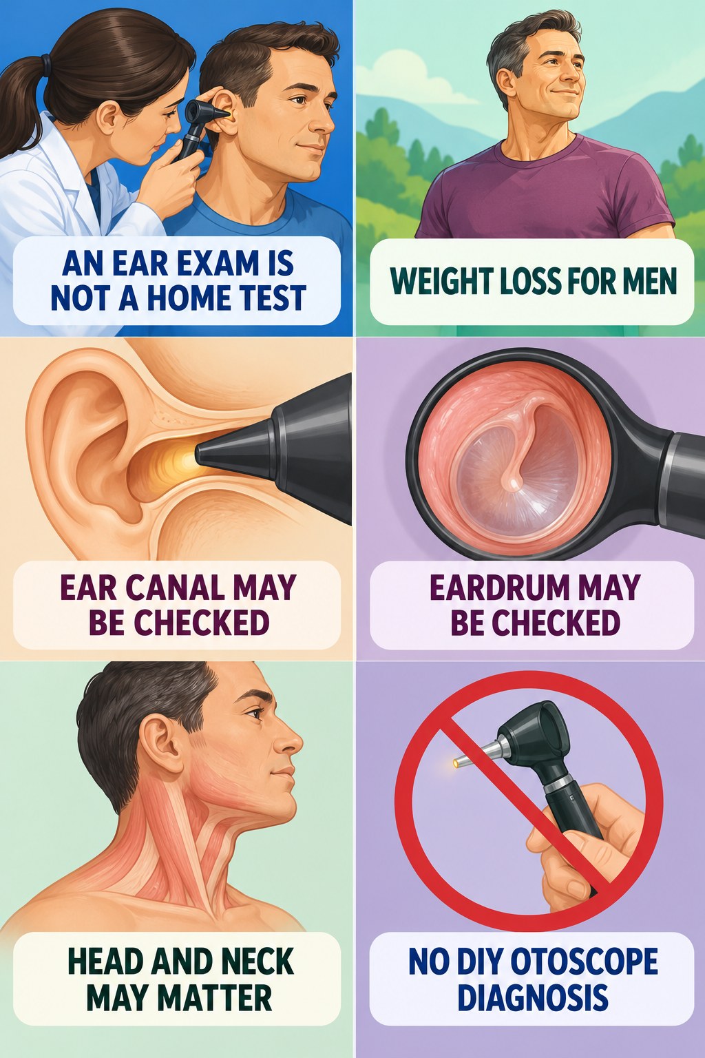 Ear Examination for Tinnitus infographic for Weight Loss for Men with four concise evaluation-guidance points.