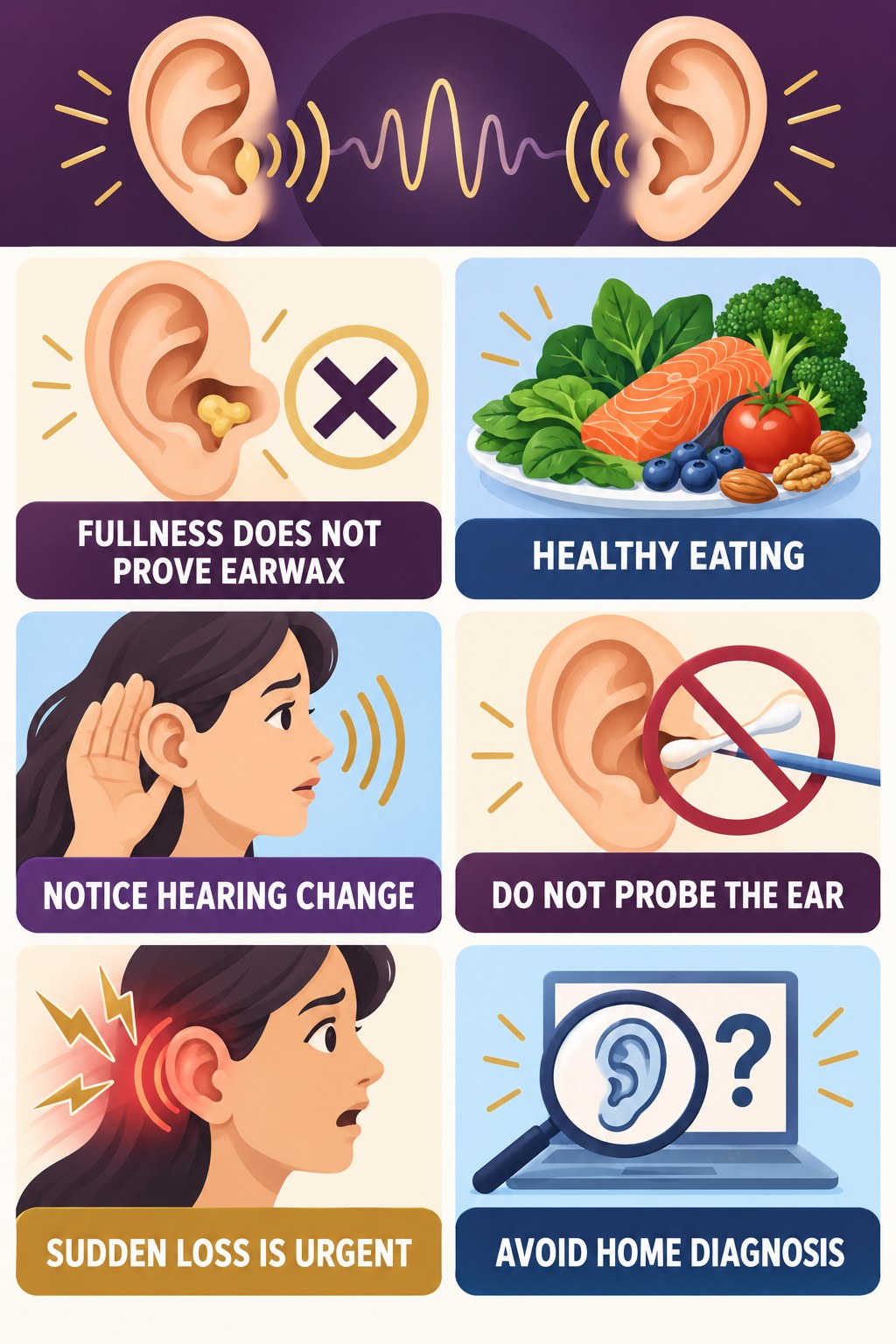 Ear Fullness With Tinnitus infographic for Healthy Eating with four concise evaluation-guidance points.