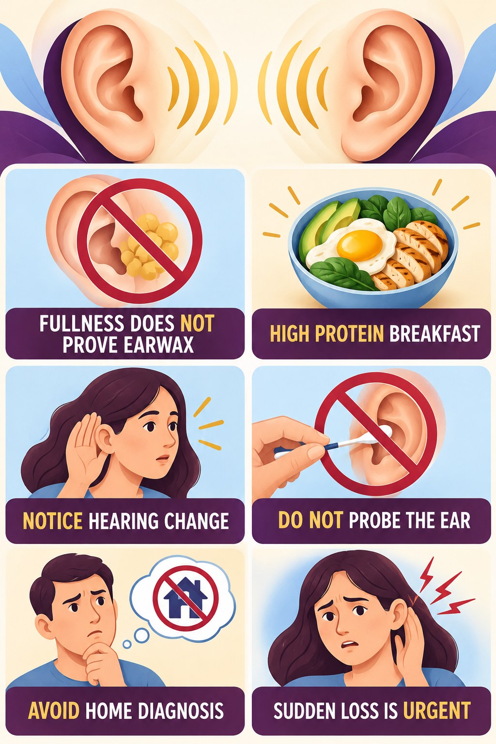 Ear Fullness With Tinnitus infographic for High Protein Breakfast with four concise evaluation-guidance points.