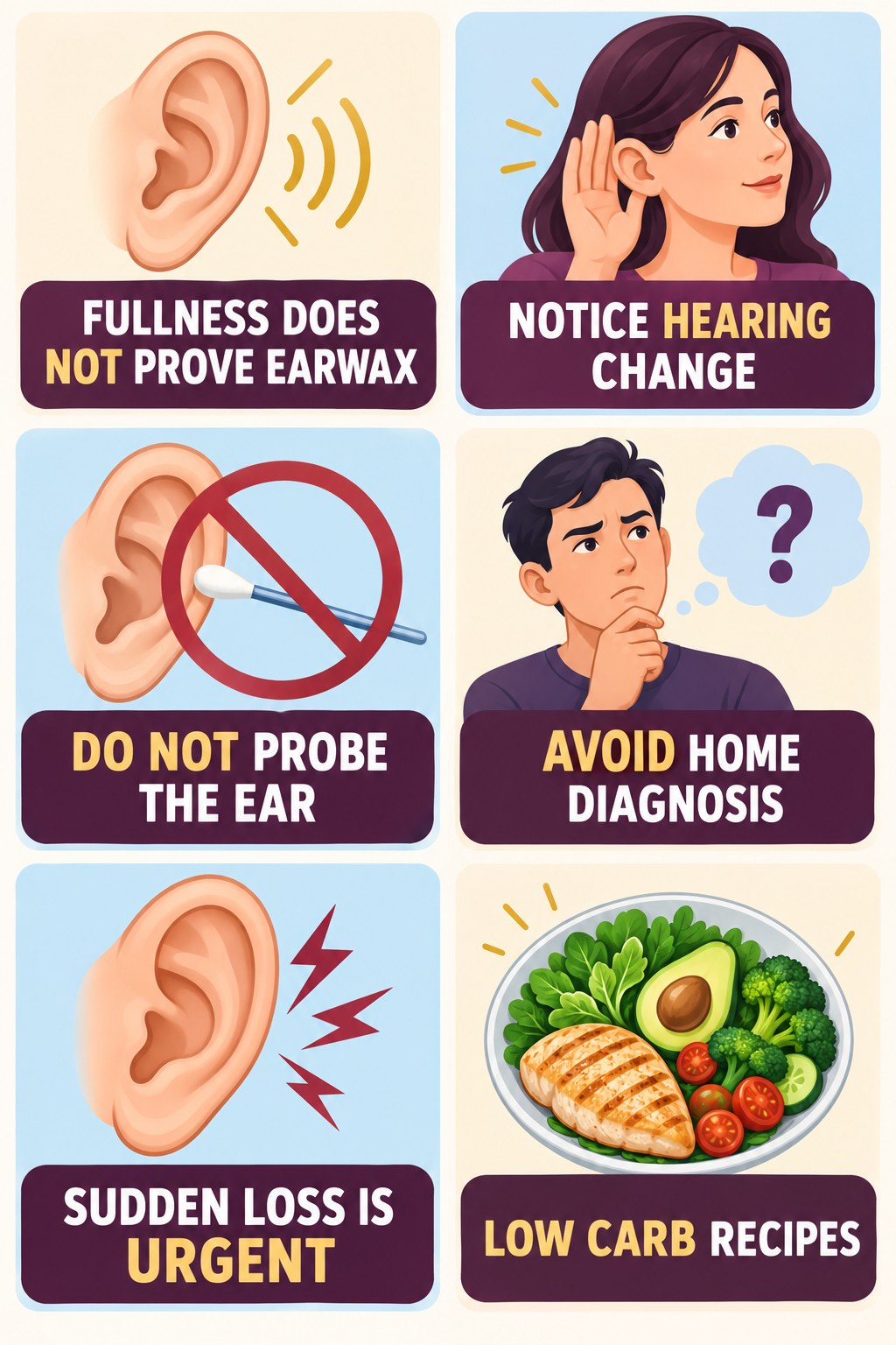 Ear Fullness With Tinnitus infographic for Low Carb Recipes with four concise evaluation-guidance points.