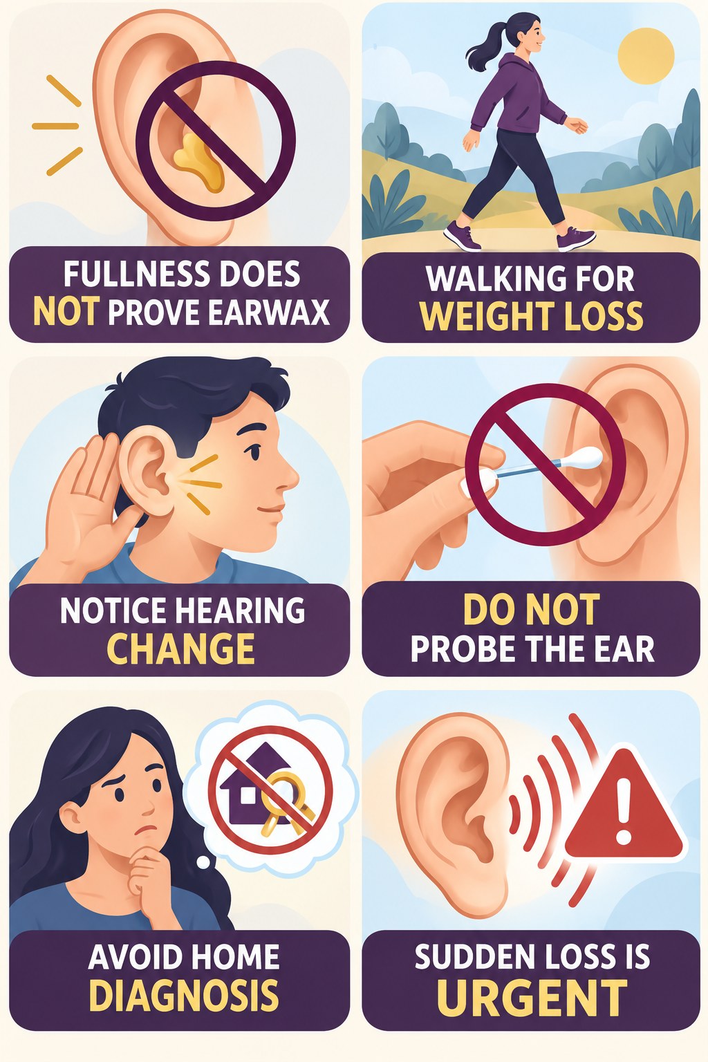 Ear Fullness With Tinnitus infographic for Walking for Weight Loss with four concise evaluation-guidance points.