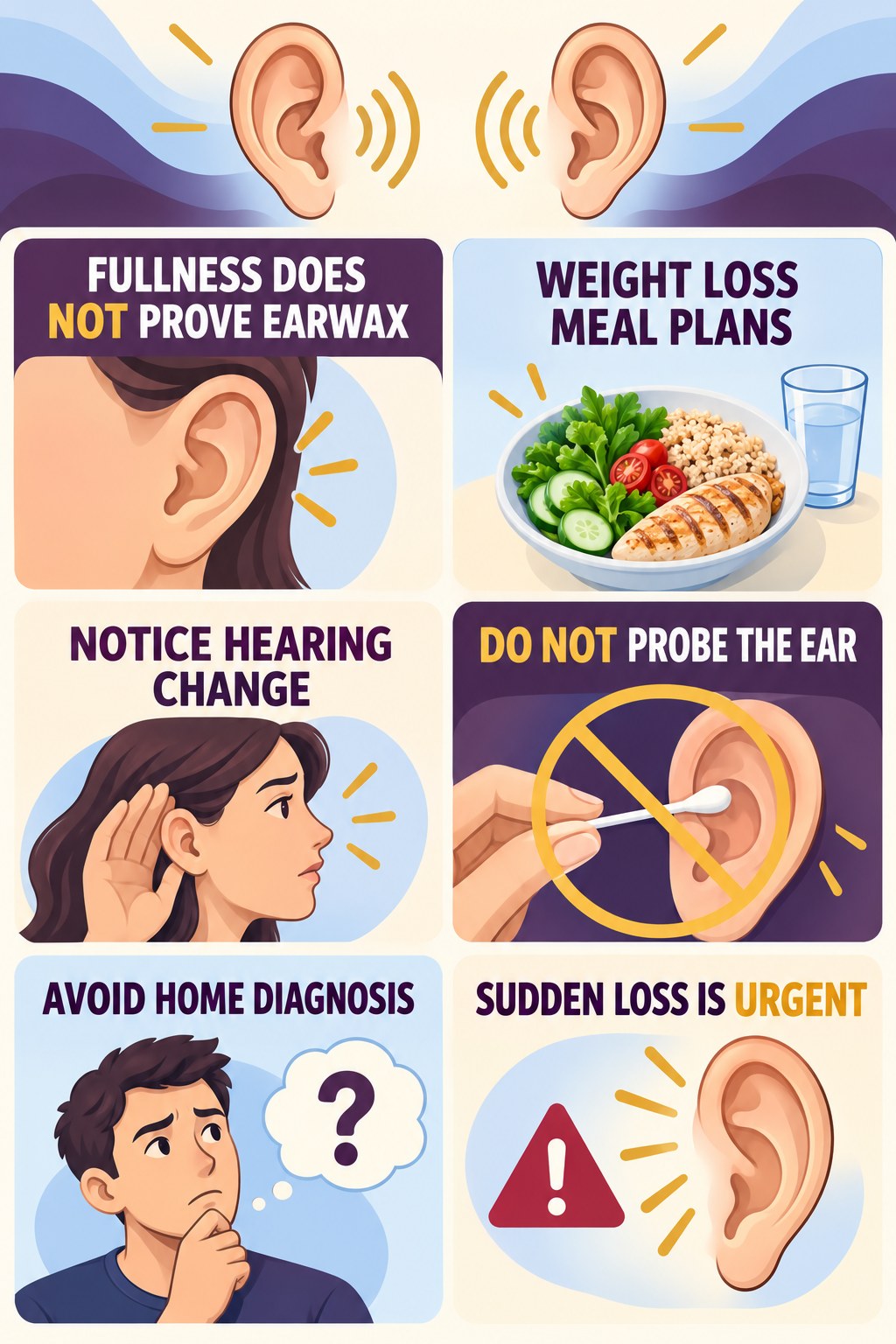 Ear Fullness With Tinnitus infographic for Weight Loss Meal Plans with four concise evaluation-guidance points.