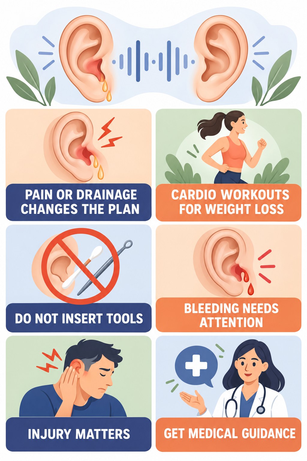 Ear Pain or Drainage With Tinnitus infographic for Cardio Workouts for Weight Loss with four concise evaluation-guidance points.