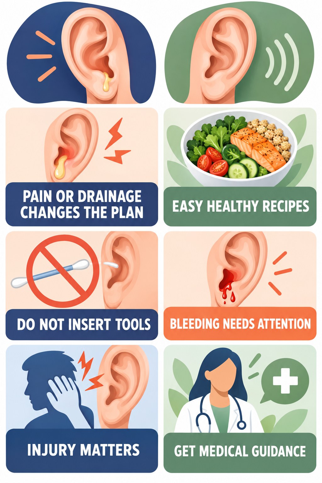 Ear Pain or Drainage With Tinnitus infographic for Easy Healthy Recipes with four concise evaluation-guidance points.