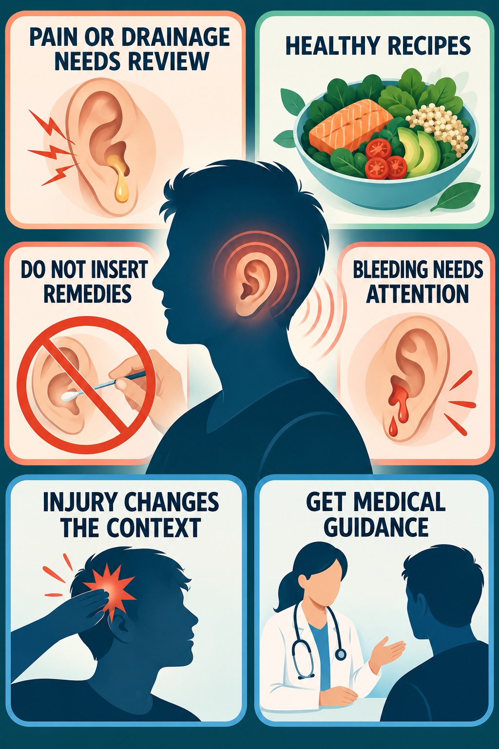 Ear Pain or Drainage With Tinnitus infographic for Healthy Recipes with four concise tinnitus-awareness points.