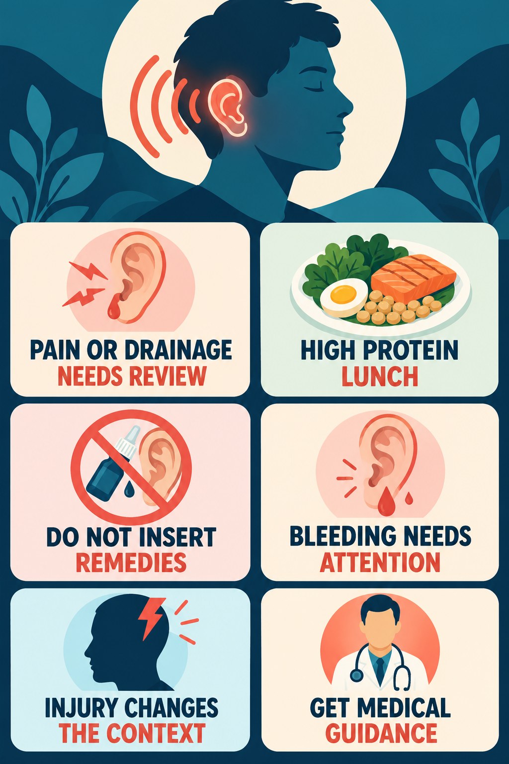 Ear Pain or Drainage With Tinnitus infographic for High Protein Lunch with four concise tinnitus-awareness points.