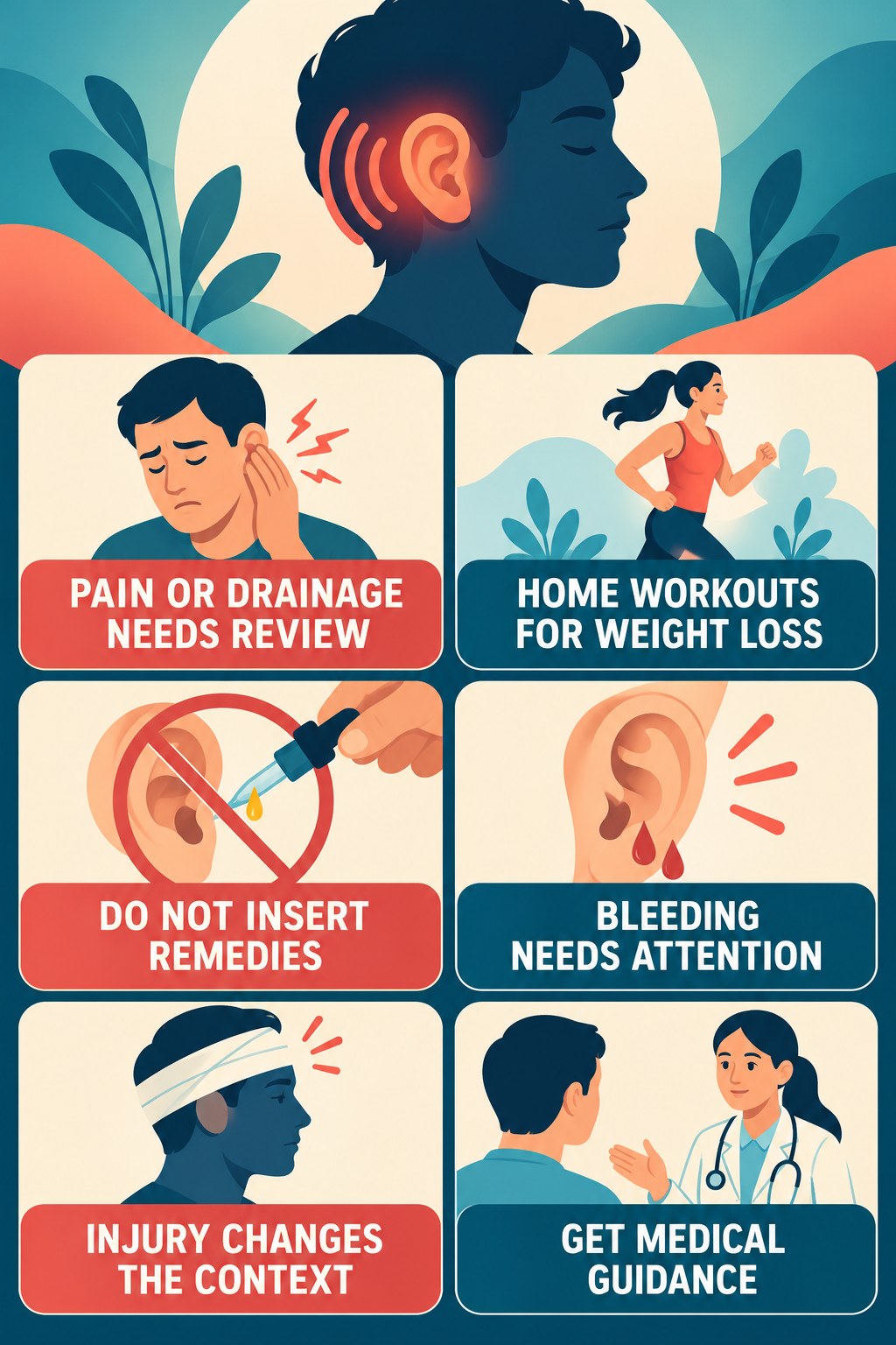Ear Pain or Drainage With Tinnitus infographic for Home Workouts for Weight Loss with four concise tinnitus-awareness points.