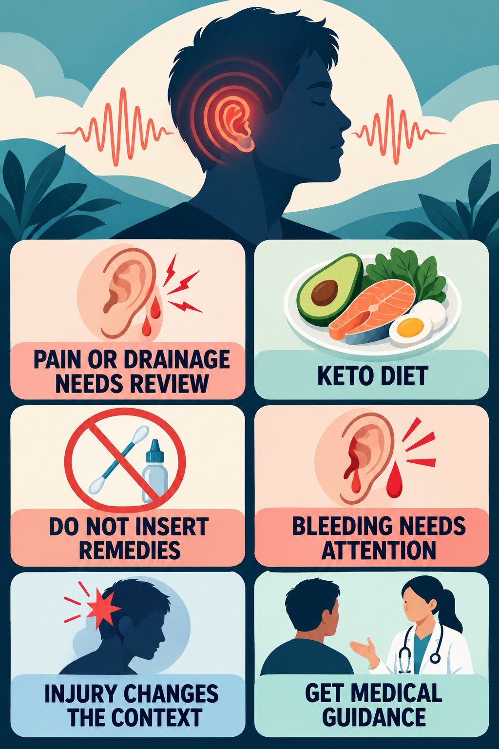 Ear Pain or Drainage With Tinnitus infographic for Keto Diet with four concise tinnitus-awareness points.
