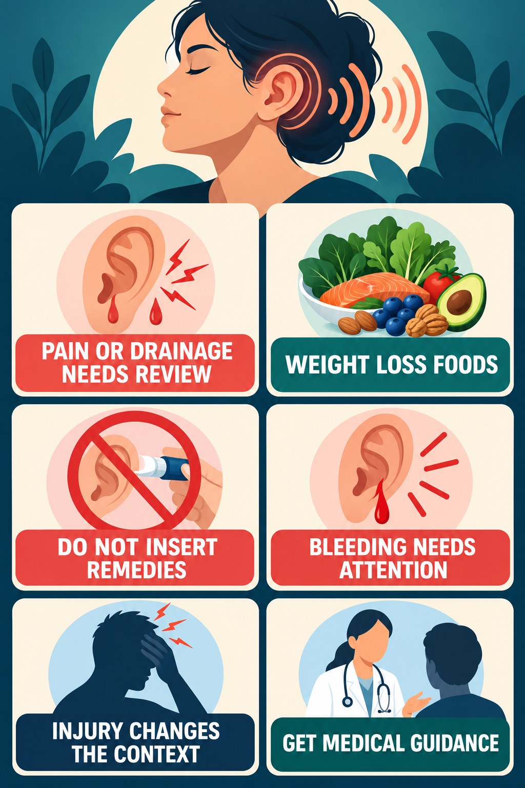 Ear Pain or Drainage With Tinnitus infographic for Weight Loss Foods with four concise tinnitus-awareness points.