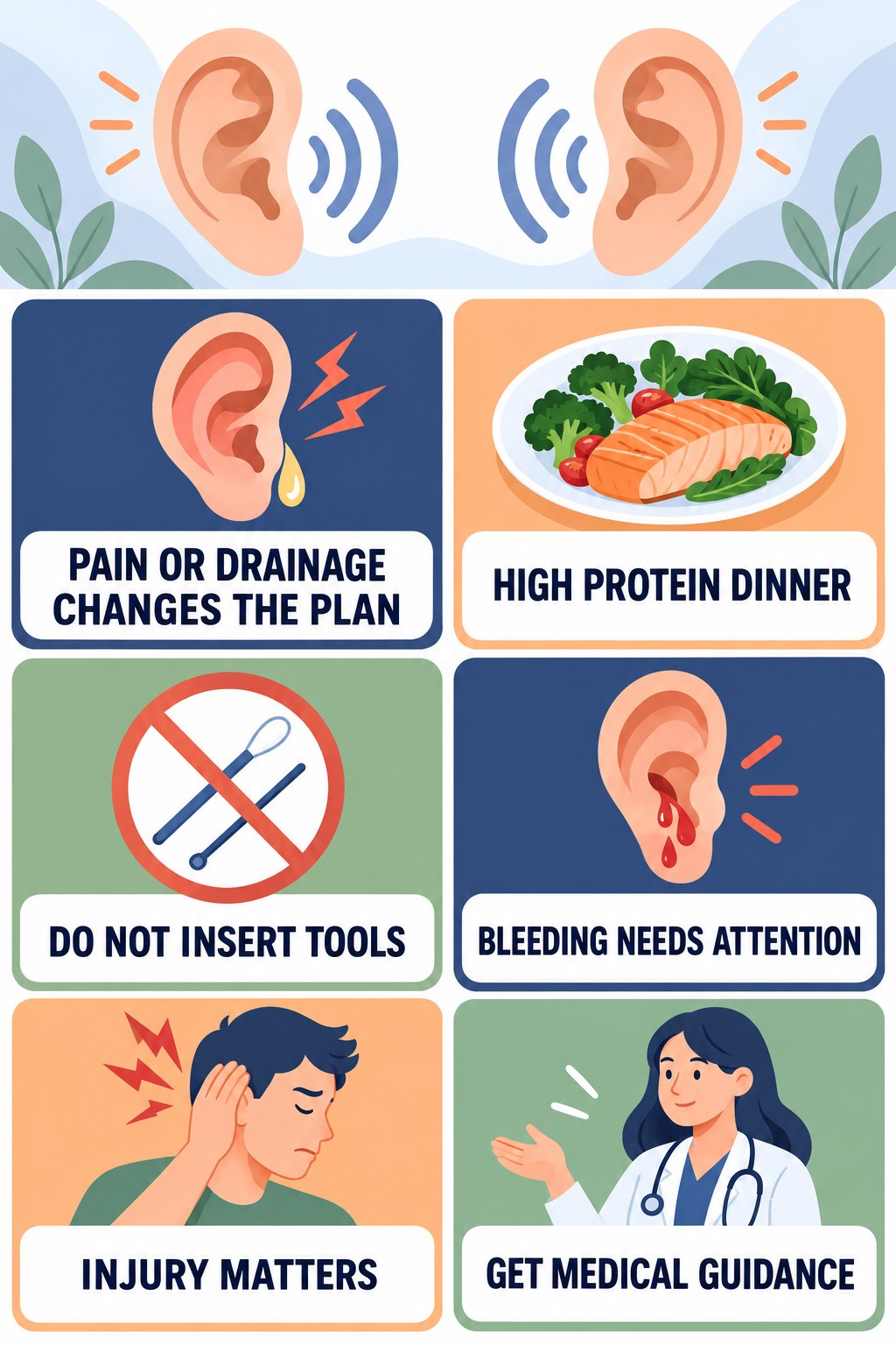 Ear Pain or Drainage With Tinnitus infographic for High Protein Dinner with four concise evaluation-guidance points.